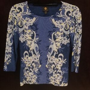 JM Collection Swirl Oasis Jacquard Blouse In Blue, White And Yellow